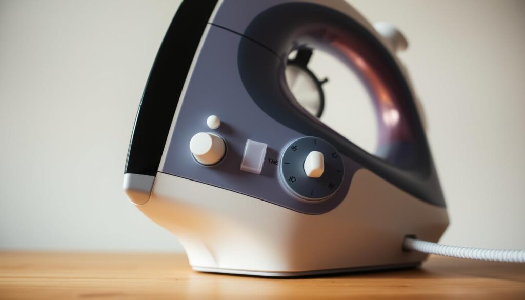 A close-up view of a steam iron with its controls and settings clearly visible. The iron is placed on a clean, flat surface, such as a wooden table or ironing board, against a plain, neutral background. The lighting is soft and diffused, creating a warm, inviting atmosphere. The various knobs, dials, and buttons on the iron are highlighted, showcasing the different temperature, steam, and fabric settings. The image conveys a sense of simplicity and ease of use, inviting the viewer to understand the various functions and capabilities of the steam iron.