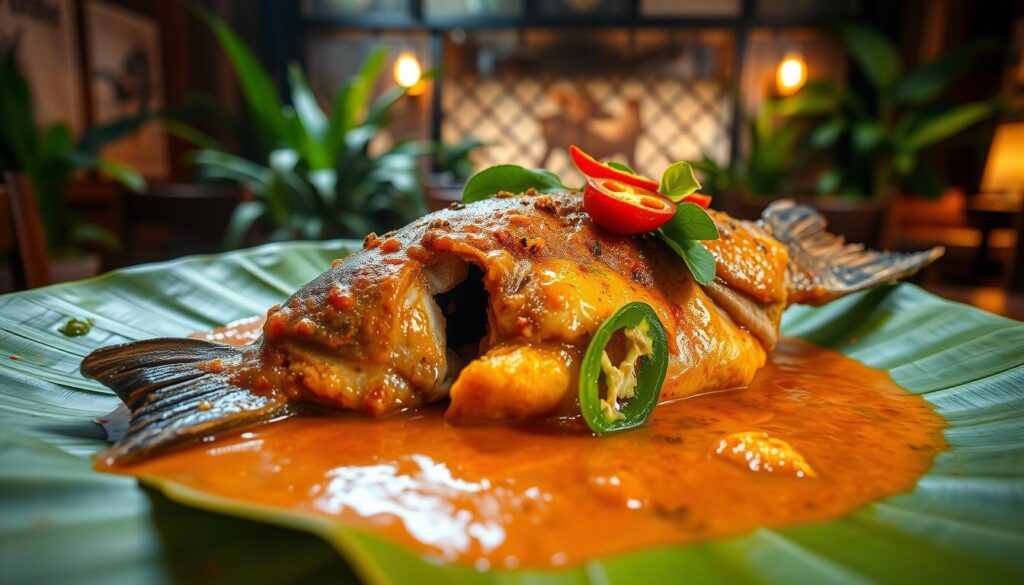 A close-up view of a vibrant fish head curry dish, steaming hot and served on a large banana leaf-lined plate. In the foreground, the thick, aromatic curry sauce glistens, accentuated by the tender, flavorful fish head nestled within. Garnishes of fresh curry leaves, sliced chili peppers, and fragrant spices add layers of complexity to the scene. The background features a dimly lit, traditional South Indian restaurant setting, with lush greenery and warm, ambient lighting creating a cozy, authentic atmosphere. Captured with a shallow depth of field, the image emphasizes the dish's tantalizing textures and bold, spice-infused flavors.