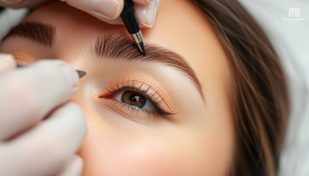 A close-up view of a woman's eyebrows undergoing the microblading procedure. The skin is delicately marked with fine, hair-like strokes, creating a natural, full brow effect. The technician's hands are steady, the tools precise, as they gently etch the pigment into the epidermis. Soft, diffused lighting illuminates the scene, highlighting the intricate detail of the process. The background is blurred, keeping the focus solely on the intimate, transformative moment unfolding. The overall atmosphere conveys a sense of precision, professionalism, and the positive impact of this cosmetic enhancement technique.