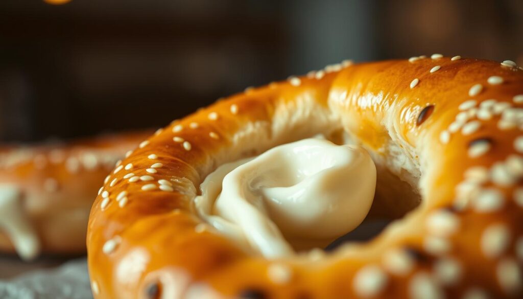 A closeup shot of a mouthwatering Beigelhaus bagel, its golden-brown exterior glistening under warm, soft lighting. The bagel is sliced in half, revealing a fluffy, chewy interior with a swirl of cream cheese that gently oozes out. Delicate sesame seeds dot the surface, adding a subtle crunch. The image is captured from a low angle, emphasizing the inviting texture and artisanal craftsmanship of this Singapore-style twist on a classic breakfast staple. The background is blurred, allowing the bagel to take center stage and entice the viewer's senses.