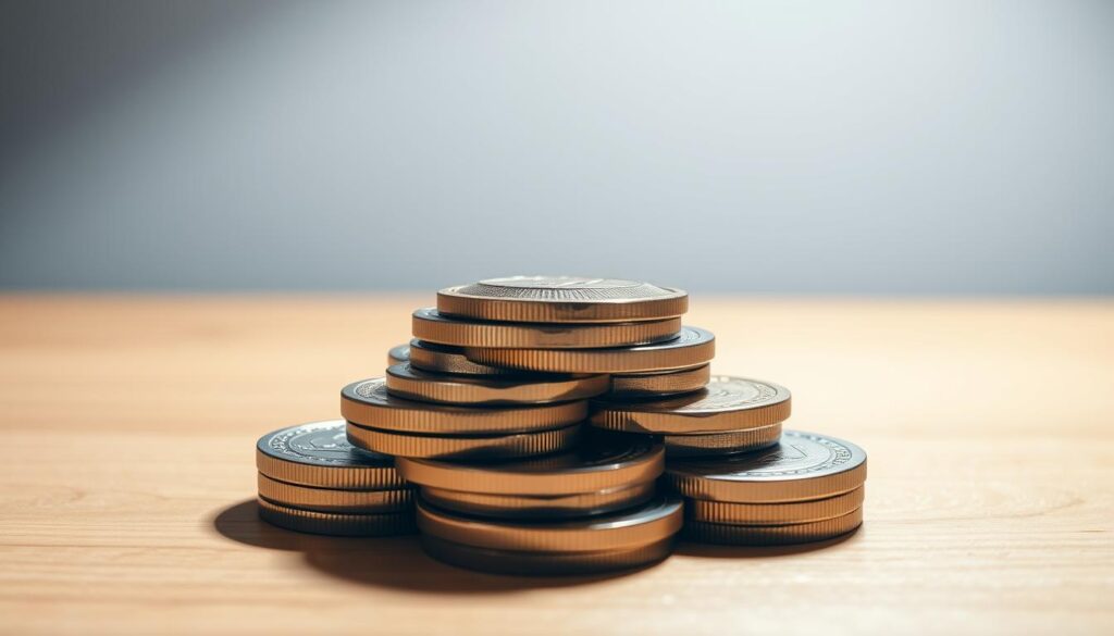A closeup view of several shiny metal coins stacked neatly on a sleek, modern wooden desk. The coins are arranged in a visually striking spiral pattern, with light reflecting off their surfaces to create a sense of depth and texture. The desk is set against a minimalist background, with a soft, diffused light illuminating the scene from an angle to accentuate the shadows and highlights. The overall composition conveys a sense of order, stability, and financial security - the key attributes of a well-managed fixed deposit account.