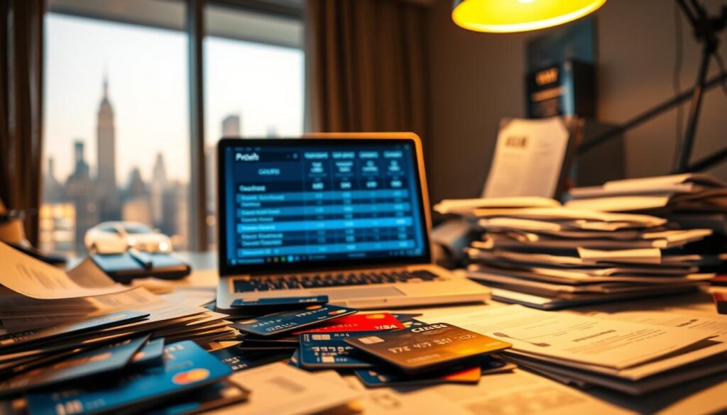 A cluttered desk with various credit cards, receipts, and a laptop displaying a comparison table of cash back credit card features, illuminated by a warm overhead light. The foreground showcases the credit cards and documents, while the background features a blurred city skyline visible through a window, creating a professional, financial atmosphere. The image should convey a sense of analysis and decision-making process when selecting the optimal cash back credit card.