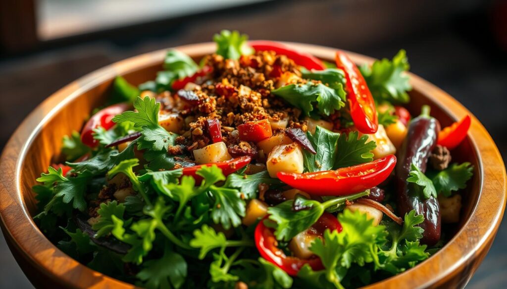 A colorful and vibrant spicy salad bowl, filled with a variety of fresh greens, crunchy vegetables, and a generous sprinkling of chili peppers and spices. The salad is beautifully presented in a rustic wooden bowl, illuminated by warm, natural lighting that casts a cozy, inviting glow. The composition emphasizes the contrasting textures and colors, with the deep green of the leafy greens, the bright red of the chili peppers, and the earthy tones of the wooden bowl. The salad appears to be drizzled with a tantalizing dressing, adding a glistening sheen and heightening the overall visual appeal. The overall mood is one of freshness, vitality, and a delightful burst of flavors. A colorful and vibrant spicy salad bowl, filled with a variety of fresh greens, crunchy vegetables, and a generous sprinkling of chili peppers and spices. The salad is beautifully presented in a rustic wooden bowl, illuminated by warm, natural lighting that casts a cozy, inviting glow. The composition emphasizes the contrasting textures and colors, with the deep green of the leafy greens, the bright red of the chili peppers, and the earthy tones of the wooden bowl. The salad appears to be drizzled with a tantalizing dressing, adding a glistening sheen and heightening the overall visual appeal. The overall mood is one of freshness, vitality, and a delightful burst of flavors.