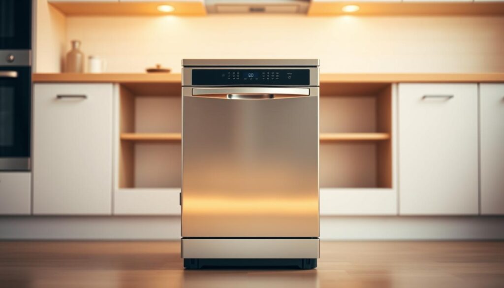 A compact, modern dishwasher standing in a bright, minimalist kitchen. Its sleek, stainless steel exterior gleams under warm, natural lighting. The dishwasher is centered in the frame, occupying the foreground, with a clean, uncluttered background revealing a tiled backsplash and hints of cabinetry. The dishwasher's controls are neatly arranged, offering intuitive functionality. The scene conveys efficiency, practicality, and a touch of sophisticated design - an appliance that seamlessly integrates into a contemporary kitchen space.