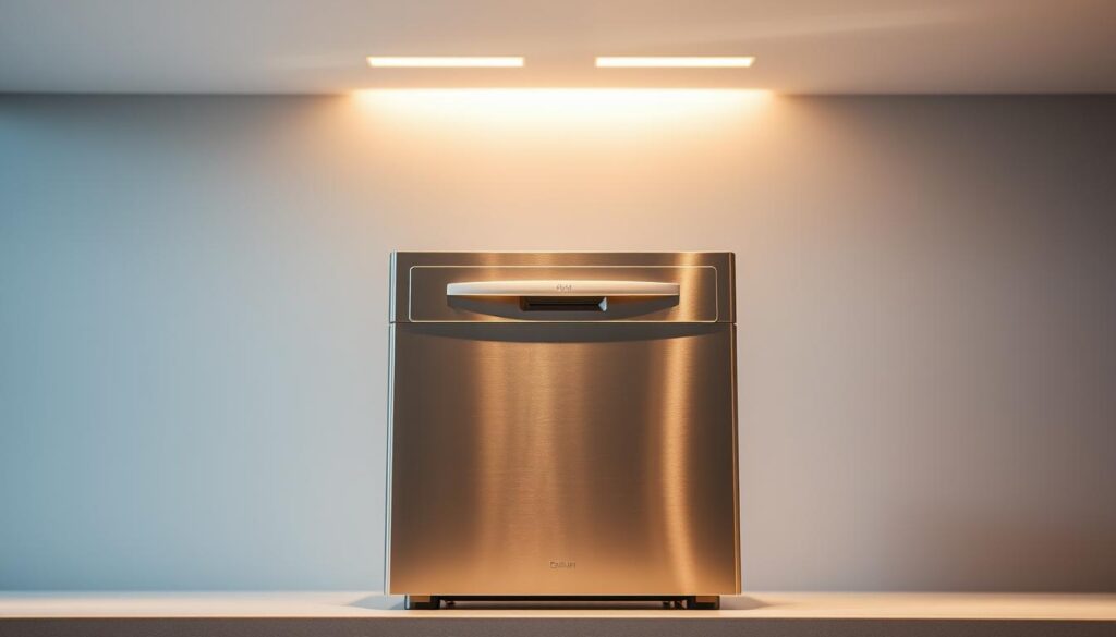 A compact, stainless steel countertop dishwasher sits atop a modern, minimalist kitchen counter. The dishwasher's sleek, squared-off design fits seamlessly into the space, its control panel neatly integrated into the front panel. Soft, indirect lighting from overhead casts a warm glow, highlighting the dishwasher's clean lines and gleaming finish. In the background, the kitchen's neutral color palette creates a calming, uncluttered atmosphere, emphasizing the compact dishwasher as the focal point. The image conveys a sense of efficiency and practicality, perfectly suited for a small Singaporean kitchen.
