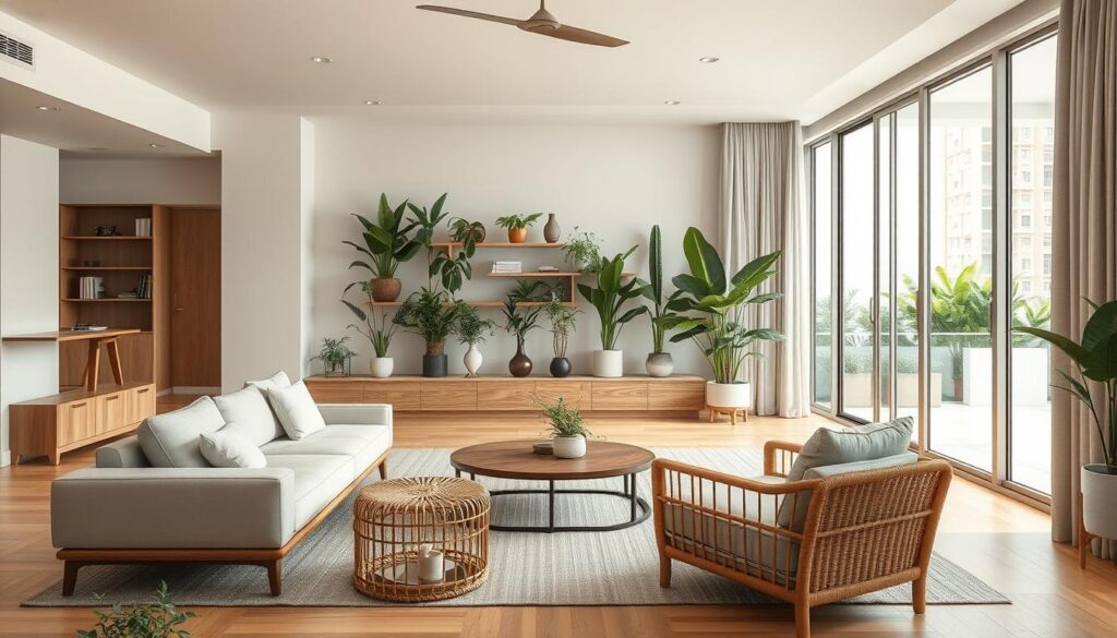 A contemporary Singaporean interior design scene featuring a harmonious blend of sleek, minimalist furniture, natural wood and rattan elements, and soft, muted color palettes. The foreground showcases a stylish modular sofa, a low-profile coffee table, and a rattan lounge chair arranged in a cozy living area. The middle ground highlights a lush indoor plant display and a minimalist wall-mounted shelving unit. The background depicts floor-to-ceiling windows that allow natural light to flood the space, creating a warm, inviting atmosphere. The overall scene conveys a sense of tranquility, sophistication, and the seamless integration of nature into the modern Singaporean home.