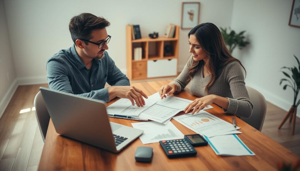 A couple sitting at a wooden table, discussing financial documents and planning their shared budget. Warm, natural lighting illuminates the scene, creating a cozy, collaborative atmosphere. In the foreground, the couple's hands point to various sections of the paperwork, demonstrating their joint effort to manage their finances. The middle ground showcases a laptop, calculator, and other financial tools, hinting at the digital and analytical aspects of their financial management. The background depicts a minimalist, well-organized home office, with shelves and artwork adding a personal touch. The overall mood conveys a sense of partnership, responsibility, and financial security.