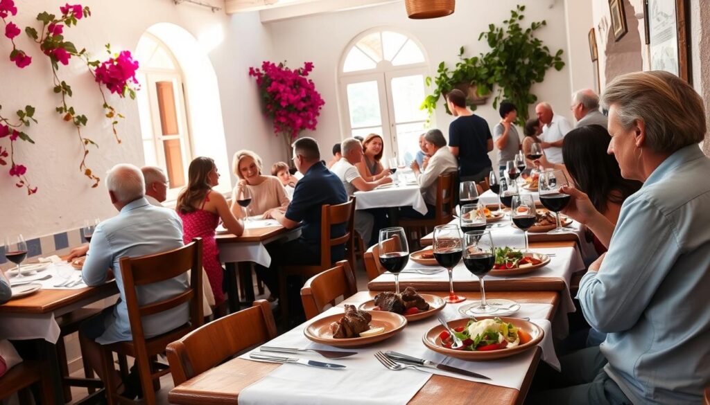 A cozy Greek taverna, Zorba the Greek, bustling with warm hospitality. A sunlit scene of a rustic dining area, with whitewashed walls adorned with vibrant bougainvillea vines. Wooden tables draped in crisp white tablecloths, topped with earthenware plates, overflowing with aromatic Greek delicacies - juicy lamb souvlaki, tangy tzatziki, and fresh salads dressed in rich olive oil. Patrons engaged in lively conversation, sipping from glasses of robust red wine. The atmosphere is one of joyful celebration, evoking the spirit of the Mediterranean. Soft natural light filters through large windows, casting a golden glow over the scene. A comfortable, welcoming ambiance that transports the viewer to the heart of a traditional Greek dining experience.
