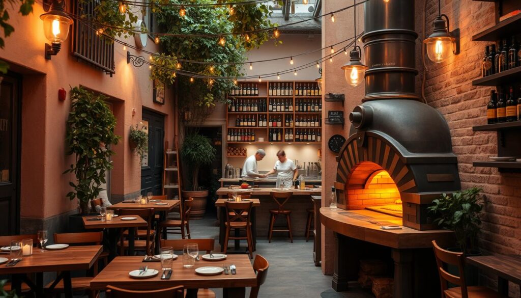 A cozy Italian trattoria with a modern twist, nestled in a charming alleyway. Rustic wooden tables and chairs, accented by lush greenery and twinkling string lights overhead. In the foreground, a large, ornate pizza oven commands attention, its flames flickering and casting a warm glow. The middle ground features an open kitchen, where chefs expertly toss dough and assemble artisanal dishes. The background showcases a unique display of wine bottles and shelves, creating a captivating visual narrative. Soft, ambient lighting sets the mood, inviting diners to savor the flavors of Italy in a one-of-a-kind dining experience.