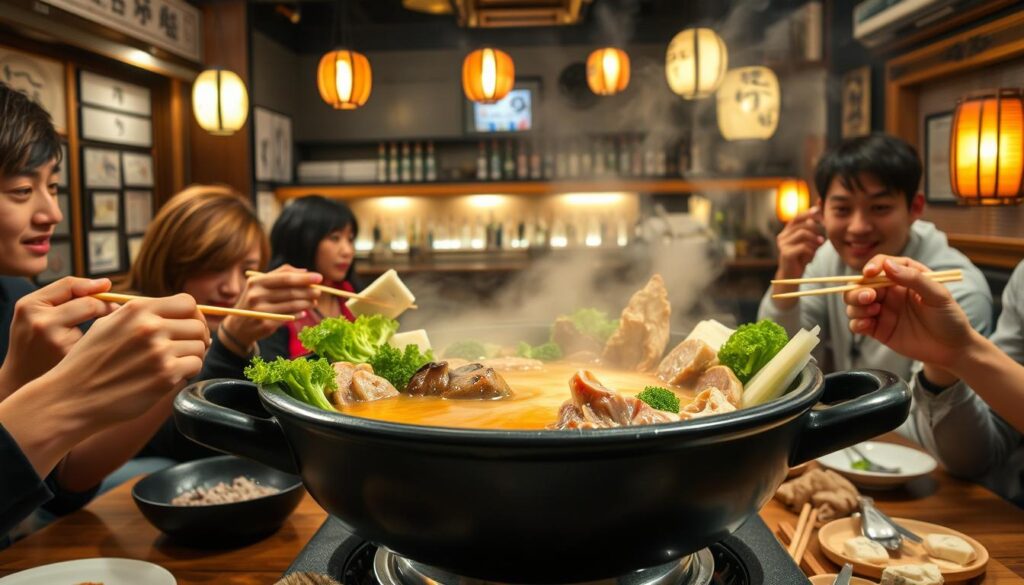 A cozy Japanese hot pot scene set in a traditional izakaya. In the foreground, a steaming, cast-iron pot filled with a rich, aromatic broth, surrounded by an assortment of thinly sliced meats, fresh vegetables, and silky tofu. Diners huddle around the table, chopsticks in hand, eagerly awaiting the bubbling delicacy. The middle ground features a wooden counter, lined with bottles of premium sake and craft beers, while the background showcases the warm, ambient lighting of hanging lanterns and the gentle hum of conversation. The atmosphere is intimate, inviting, and quintessentially Japanese, capturing the essence of a perfect Sukiyaki experience.