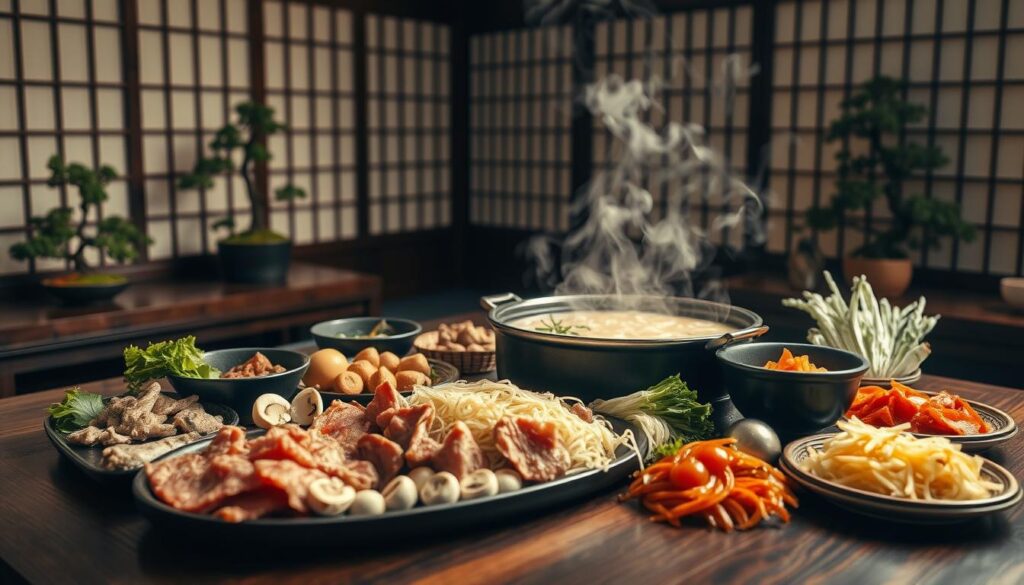 A cozy Japanese-style hot pot scene with a steaming communal pot at the center, surrounded by an array of fresh ingredients like thinly sliced beef, mushrooms, cabbage, and vermicelli noodles. The tabletop is made of dark wood, creating a warm, intimate atmosphere. Soft, diffused lighting casts a gentle glow, accentuating the vibrant colors of the dish. In the background, a simple, minimalist interior with traditional shoji screens and potted bonsai trees creates a serene, authentic ambiance. The overall mood is inviting, encouraging shared experience and communal dining.