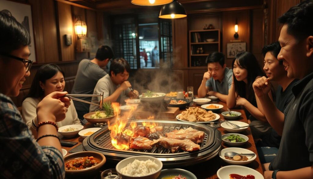 A cozy Korean BBQ restaurant set in the heart of Singapore, with warm lighting and rustic wooden accents. The camera captures the scene from a slightly elevated angle, showcasing the sizzling meats on the tabletop grill, surrounded by an array of vibrant side dishes and condiments. The diners, immersed in the convivial atmosphere, are engaged in lively conversation as they expertly grill and savor the succulent, marinated beef and pork. The overall mood is one of shared enjoyment, cultural immersion, and the celebratory spirit of a Korean BBQ dining experience.