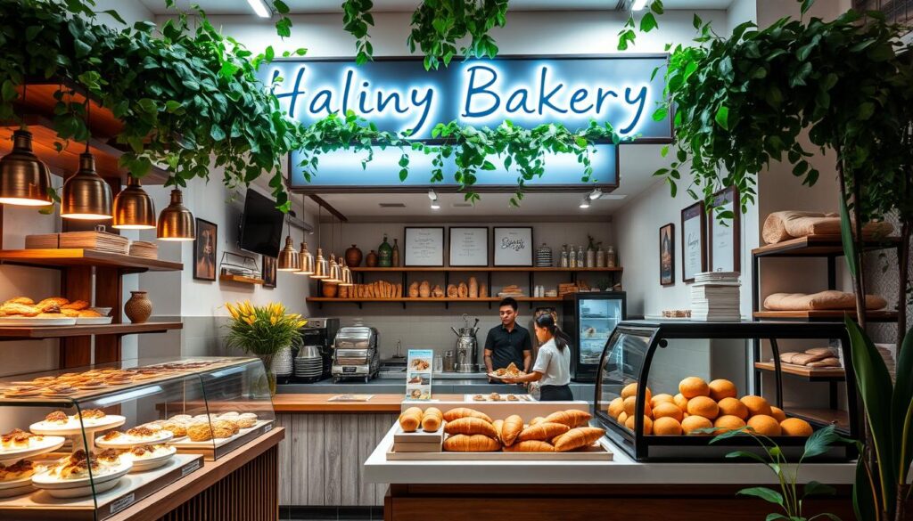 A cozy Muslim-owned bakery in Singapore, with an inviting storefront adorned with warm lighting and lush greenery. Inside, the counter displays an enticing array of freshly baked cream puffs, croissants, and other delectable pastries. The aroma of freshly ground coffee and baking bread fills the air, creating a welcoming atmosphere. The bakery's design features a blend of traditional and modern elements, with a clean, minimalist aesthetic and a touch of cultural flair. The overall scene conveys a sense of community, tradition, and artisanal craftsmanship.
