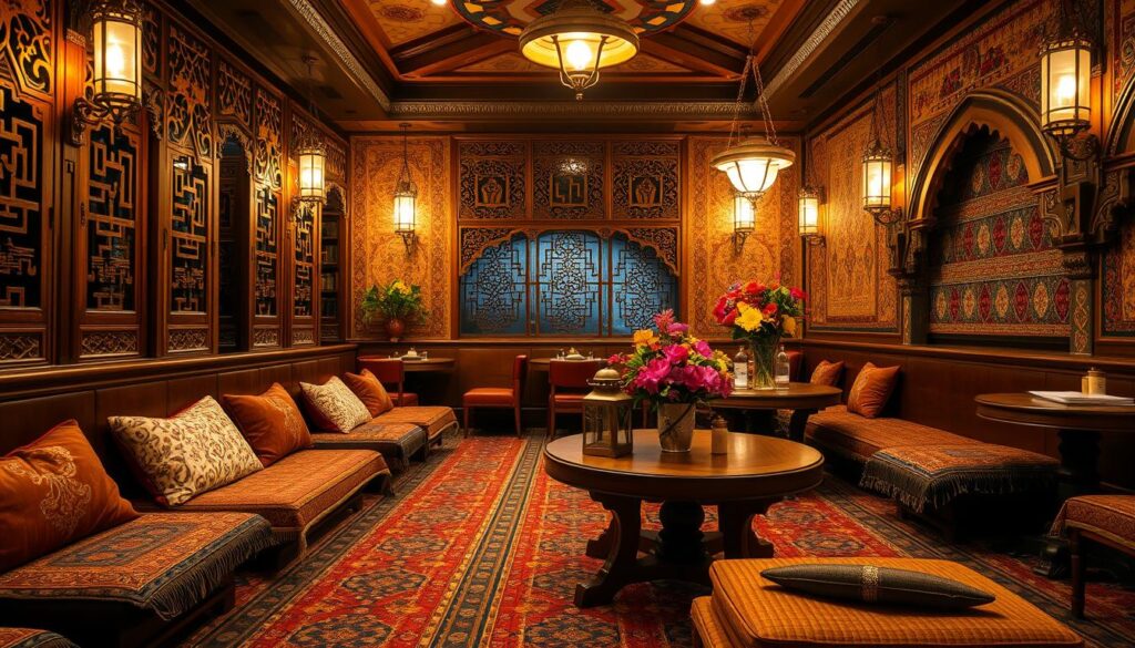 A cozy Turkish restaurant interior with warm lighting, rich textiles, and ornate decor. In the foreground, intricately patterned rugs and plush cushions on low seating. In the middle ground, wooden tables with brass lanterns and vases of vibrant flowers. The background features carved wooden screens, hanging lamps, and tapestry-covered walls, creating an intimate and authentic ambiance. The overall mood is inviting, tranquil, and evocative of traditional Turkish hospitality.