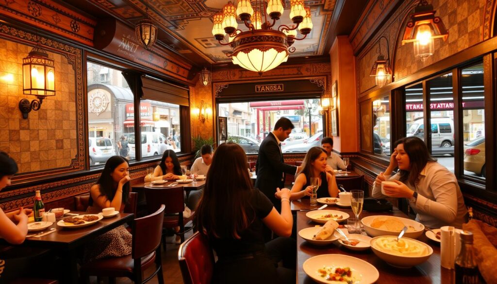 A cozy and authentic Turkish restaurant nestled in the vibrant heart of Singapore. Warm, inviting atmosphere with ornate tiles, intricate light fixtures, and rich, earthy tones. In the foreground, a group of friends enjoying a lively meal, plates of fragrant kebabs, creamy hummus, and fresh bread. Servers weave through the tables, delivering steaming cups of Turkish tea. Through the windows, a glimpse of the bustling city street beyond, pedestrians and cars passing by. Soft, golden lighting casts a gentle glow, creating an inviting ambiance. A striking contrast between the traditional Turkish decor and the modern Singaporean setting, blending cultures in a delightful culinary experience.