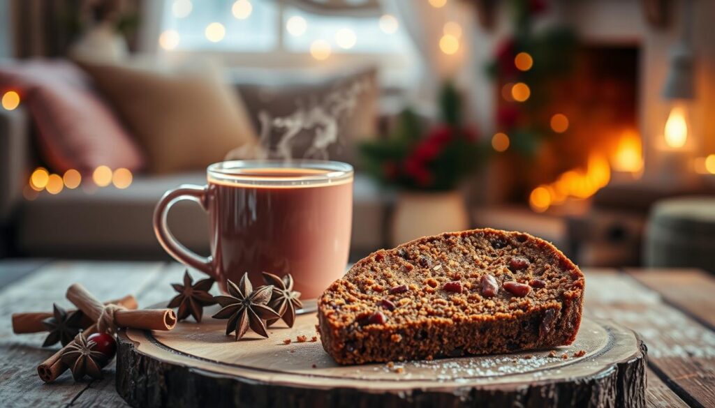 A cozy and festive still-life scene depicting a fruitcake pairing with the perfect beverage. In the foreground, a slice of rich, moist fruitcake sits atop a rustic wooden board, surrounded by seasonal garnishes like cinnamon sticks, star anise, and fresh cranberries. In the middle ground, a steaming mug of aromatic mulled wine or spiced cider takes center stage, its warm glow and fragrant steam creating a comforting atmosphere. The background features a softly-lit, ambient living room setting, with hints of holiday decor like twinkling fairy lights and a cozy fireplace. The overall mood is one of holiday indulgence and hygge, inviting the viewer to savor the flavors of the season.