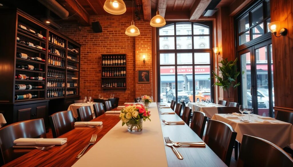 A cozy and inviting Italian restaurant interior, with warm lighting casting a soft glow over the space. A large, elegant wooden table dominates the foreground, adorned with a crisp white tablecloth, gleaming silverware, and a centerpiece of fresh flowers. In the middle ground, a well-stocked wine rack lines the wall, complemented by exposed brick and rustic wooden beams. The background features large windows overlooking a picturesque street scene, providing a glimpse of the bustling city outside. The overall atmosphere evokes a sense of refined sophistication and homely comfort, creating the perfect setting for an authentic Italian dining experience.