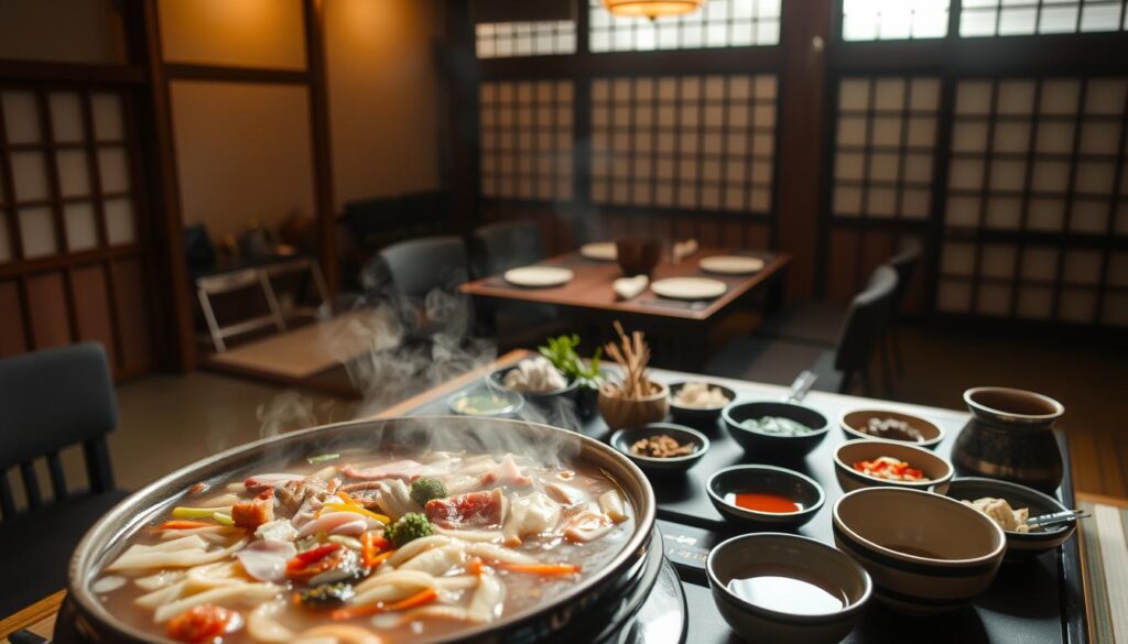 A cozy and inviting Japanese hot pot scene set in a dimly lit restaurant. In the foreground, a steaming pot of bubbling broth filled with thinly sliced meat, colorful vegetables, and silky noodles. Surrounding the pot, an array of small dishes with various dipping sauces, condiments, and ingredients to customize the hot pot experience. In the middle ground, a wooden table with elegant place settings, including chopsticks and ceramic bowls. The background features a traditional Japanese interior design with tatami mats, shoji screens, and warm lighting that creates a calming, intimate atmosphere. The lighting is soft and natural, casting a golden glow over the scene. The overall mood is one of comfort, indulgence, and the joy of shared culinary experience.
