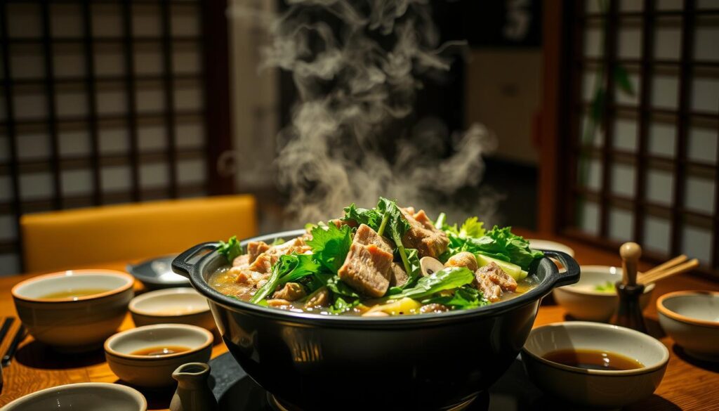 A cozy and inviting Japanese hot pot scene, set in a traditional izakaya-style restaurant. The focal point is a steaming pot of savory broth, filled with thinly sliced beef, leafy greens, mushrooms, and other fresh ingredients. The table is adorned with ceramic bowls, chopsticks, and a small pitcher of soy sauce. Soft, diffused lighting creates a warm, intimate atmosphere, while the background features traditional Japanese decor elements such as shoji screens and bamboo accents. The overall scene evokes the comforting and communal experience of sharing a delicious hot pot meal with friends or family.