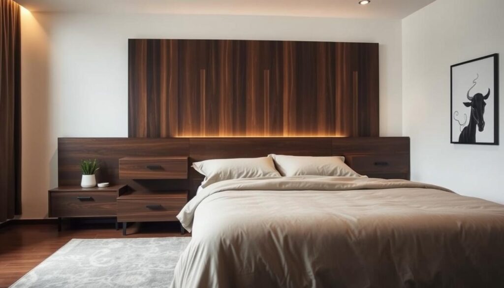 A cozy and inviting bedroom featuring a stunning modern bed frame made of sleek, dark wood. The frame is elevated on a raised platform, creating a sense of luxurious sophistication. The lighting is soft and warm, casting a gentle glow over the room. In the foreground, the bed is adorned with plush, high-quality bedding in neutral tones, complementing the natural wood tones. The background showcases a minimalist, yet elegant wall decor, adding to the overall ambiance of the space. The scene conveys a sense of comfort, relaxation, and elevated style - the perfect representation of the "Best Bed Frame Singapore: Our Top Picks" section.