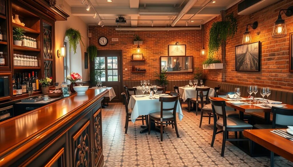 A cozy and inviting halal-certified Italian restaurant, with warm lighting casting a soft glow over the interior. The foreground features a wooden-topped bar with intricate carvings, and a display of premium Italian ingredients. In the middle ground, elegant tables are adorned with crisp white linens, fresh flowers, and minimalist tableware. The background showcases a beautifully tiled floor, exposed brick walls, and hanging plants that add to the rustic yet refined ambiance. The scene is captured with a wide-angle lens, emphasizing the spaciousness and attention to detail that creates an authentic Italian dining experience.