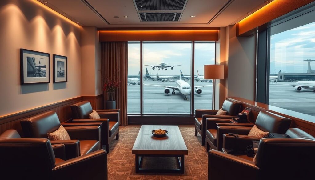 A cozy and sophisticated private lounge in Singapore's Changi Airport Terminal 3. Soft lighting casts a warm glow over plush leather armchairs arranged around a low wooden coffee table. The walls are adorned with modern art pieces and subtle Asian-inspired decor, creating an atmosphere of refined elegance. A floor-to-ceiling window offers a panoramic view of the tarmac, where planes gently take off and land. Wooden accents and neutral tones dominate the color palette, evoking a sense of tranquility and relaxation. Discreet service staff are on hand to cater to every need, ensuring a truly premier airport lounge experience.