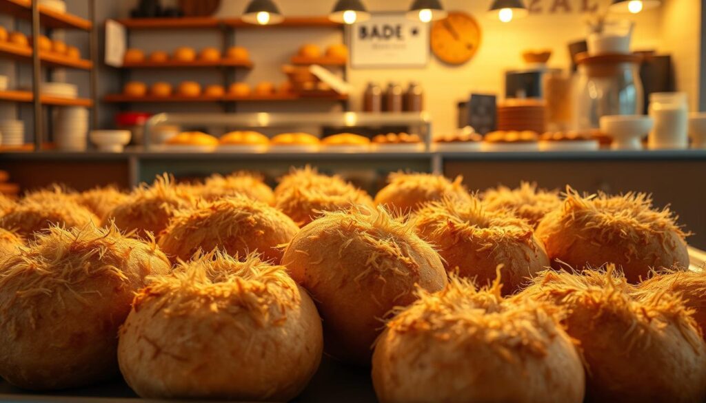 A cozy bakeshop interior, warm lighting casting a golden glow on a display of plump, fluffy bagels. In the foreground, a tray of freshly baked "wooly bagels" - round, pillowy bread with a soft, cloud-like texture, adorned with wispy, wooly tufts of golden-brown crust. The middle ground shows an artisanal selection of gourmet fillings and toppings, hinting at the halal, high-quality ingredients within. In the background, a clean, minimalist counter setup, conveying a sense of modern sophistication. Angles are slightly angled to create depth and draw the eye to the star of the image - the captivating, one-of-a-kind "wooly bagels".