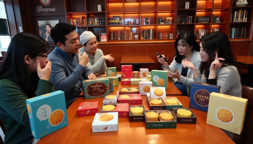 A cozy cafe setting with wooden tables and chairs, warm lighting, and a bookshelf in the background. On the tables, there are various mooncake boxes, each with a different flavor, being inspected and discussed by a group of people. The mooncakes are beautifully presented, with intricate designs and vibrant colors. The people are engaged in lively conversation, gesturing and taking notes as they sample the different varieties. The overall mood is one of enthusiastic exploration and appreciation for the diverse flavors and textures of these traditional Chinese treats.