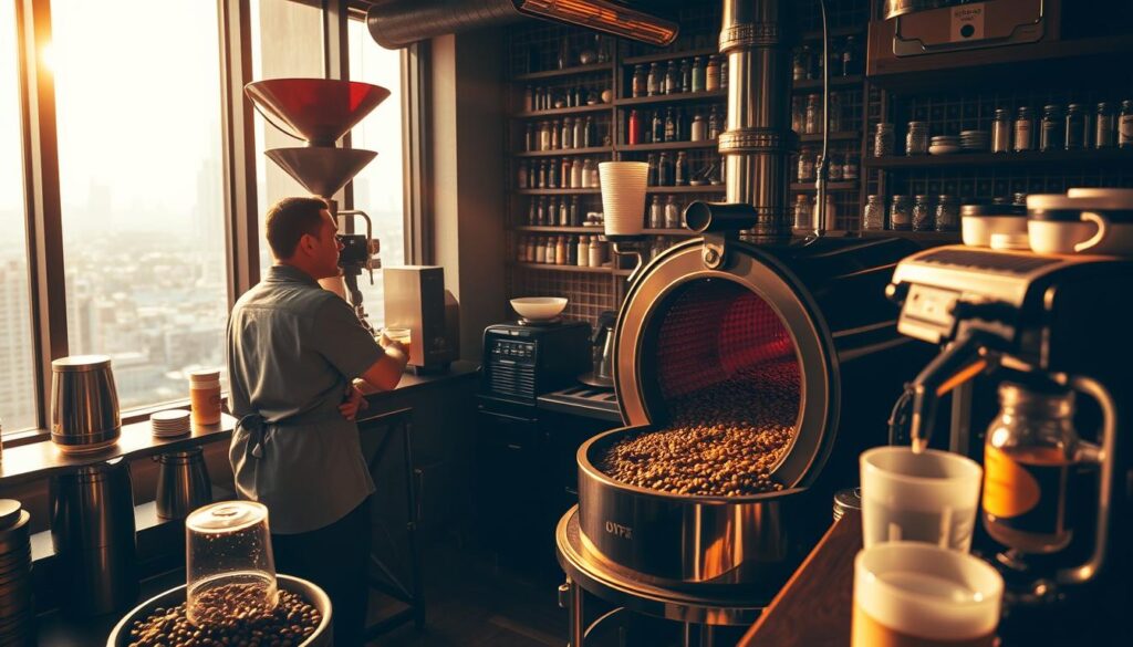 A cozy coffee roastery in Singapore, bathed in warm, golden light. In the foreground, a skilled barista meticulously tends to a batch of freshly roasted beans, carefully monitoring the temperature and aroma as they tumble and caramelize in a gleaming vintage roaster. Surrounding the roaster, an array of expertly curated brewing equipment, from sleek manual pour-overs to state-of-the-art espresso machines, hinting at the artisanal craft of coffee preparation. In the background, a mosaic of floor-to-ceiling windows offers a glimpse of the vibrant city beyond, creating a harmonious blend of traditional and modern elements that encapsulates the essence of Singapore's thriving coffee culture.