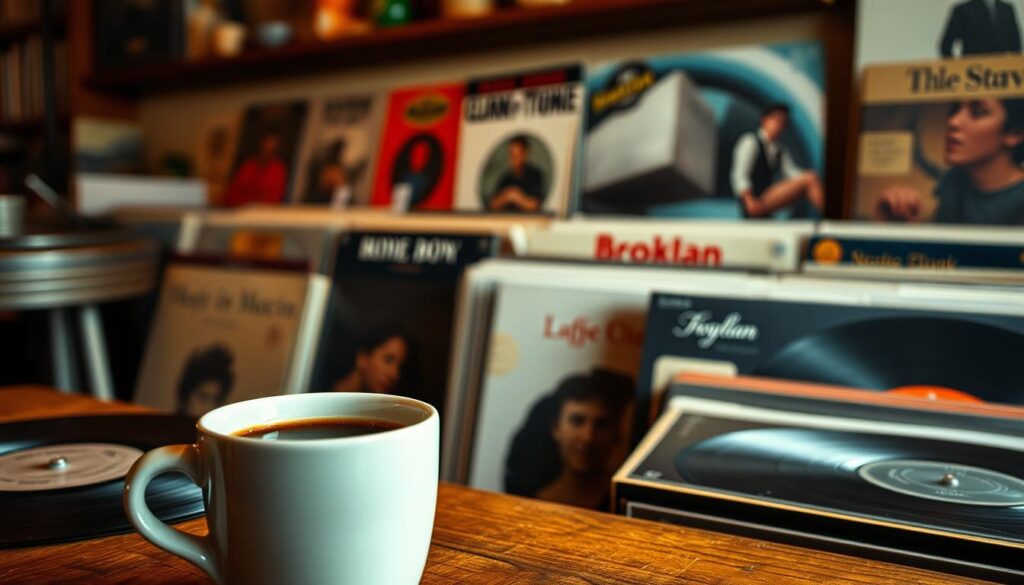 A cozy coffee shop nestled in a vintage-inspired setting, featuring a selection of vinyl records placed alongside a freshly brewed cup of coffee. The foreground showcases the rich, dark roast in a minimalist ceramic mug, complemented by the warm glow of soft lighting and the tactile textures of the vinyl covers. In the middle ground, an assortment of classic and contemporary album sleeves are displayed, creating a nostalgic and intimate atmosphere. The background is filled with a muted, neutral color palette, accentuating the vintage charm and the Brooklyn-esque ambiance of the space. The overall composition conveys a sense of effortless sophistication, inviting the viewer to immerse themselves in the pleasures of savoring both a delightful brew and the timeless allure of vinyl records.