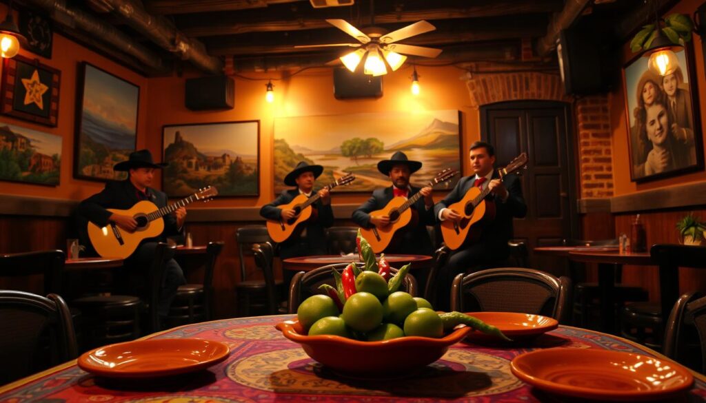 A cozy, dimly lit Mexican restaurant with vibrant decor. In the foreground, a table setting with a colorful tablecloth, terracotta plates, and a centerpiece of fresh limes and chili peppers. In the middle ground, mariachi musicians playing guitars and trumpets, creating an immersive atmosphere. The background features hand-painted murals depicting Mexican landscapes, complemented by rustic wooden beams and exposed brick walls. Warm, golden lighting filters through the room, casting a soft, inviting glow. The scene evokes the spirit of traditional Mexican hospitality and the vibrant, authentic flavors of the cuisine.