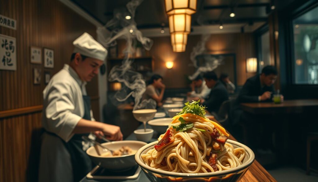 A cozy, dimly-lit artisanal udon bar, with a sleek, minimalist design featuring natural wood and clean lines. In the foreground, a master udon chef skillfully handcrafts thick, chewy udon noodles, the steam gently rising. Backlit, the noodles glisten as they are carefully placed in a bowl, topped with a variety of fresh, vibrant ingredients - tender pork slices, crisp vegetables, and a rich, savory broth. In the middle ground, patrons sit at the bar, engrossed in conversation, sipping steaming cups of green tea. The background reveals a warm, inviting atmosphere, with subtle Japanese-inspired decor and soft ambient lighting, creating an atmosphere of artisanal refinement and culinary expertise.