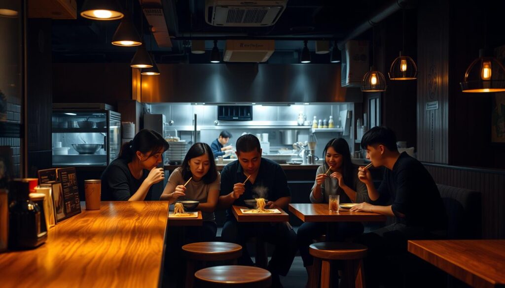 A cozy, dimly-lit ramen restaurant in Singapore's Central Business District, with a wooden counter and stools at the forefront. In the middle ground, a group of colleagues enjoy steaming bowls of ramen, slurping noodles and exchanging lively conversation. The background features an open kitchen where chefs skillfully prepare the dishes, with the sizzle of ingredients and the aroma of soy, garlic, and toasted sesame oil filling the air. Warm, muted lighting casts a soft, inviting glow, creating an intimate and relaxed atmosphere for the authentic ramen dining experience.