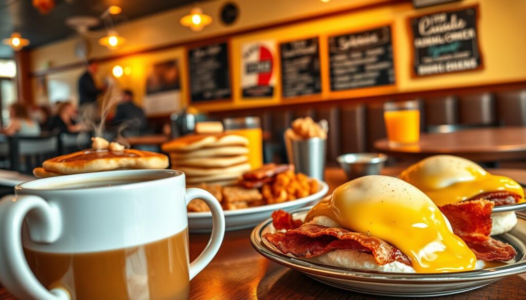 A cozy diner interior, warm lighting casting a golden glow, with a classic American brunch spread laid out on the table - stacks of fluffy pancakes drizzled in maple syrup, crisp bacon, glistening hash browns, and a glass of freshly squeezed orange juice. In the foreground, a steaming mug of rich, aromatic coffee, the steam curling up to reveal the diner's homely, inviting atmosphere. The mid-ground showcases a platter of eggs benedict, the hollandaise sauce glistening atop the perfectly poached eggs and Canadian bacon. In the background, a chalkboard menu displays the day's specials, hinting at the variety of American brunch classics on offer. The scene is captured through a wide-angle lens, emphasizing the cozy, nostalgic ambiance of a quintessential American diner experience.