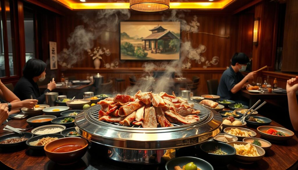 A cozy, intimate Korean BBQ restaurant with a warm, inviting atmosphere. The table is set with a gleaming metal grill, surrounded by an array of colorful side dishes and condiments. Thin slices of marinated beef sizzle and smoke, infusing the air with the savory aroma of charcoal-grilled meat. Wooden accents and soft lighting create a rustic, authentic ambiance, while the friendly chatter of diners adds to the lively, convivial mood. In the background, a traditional Korean landscape painting hangs on the wall, transporting the senses to the heart of Seoul. This vibrant, immersive experience captures the essence of the best Korean BBQ.