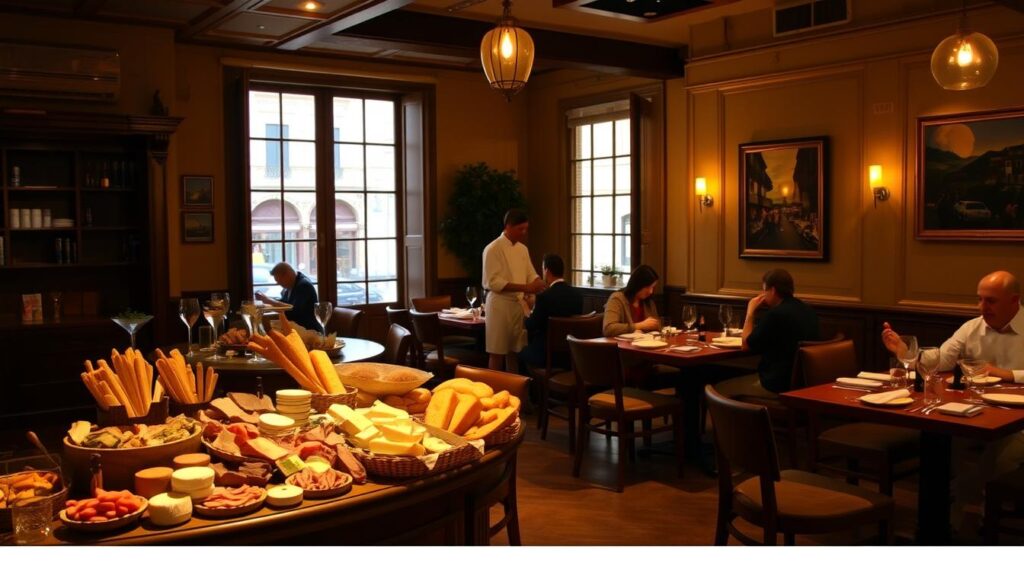 A cozy, intimate dining establishment with warm, inviting lighting casting a soft glow over the wooden tables and chairs. The foreground features an elegant display of various cured meats, cheeses, and freshly baked bread, inviting patrons to indulge in the flavors of Bottega Di Carna. In the middle ground, servers in crisp white uniforms gracefully move between tables, attending to the needs of well-dressed diners. The background reveals a charming Italian street scene through large windows, hinting at the authentic, old-world ambiance of the establishment.