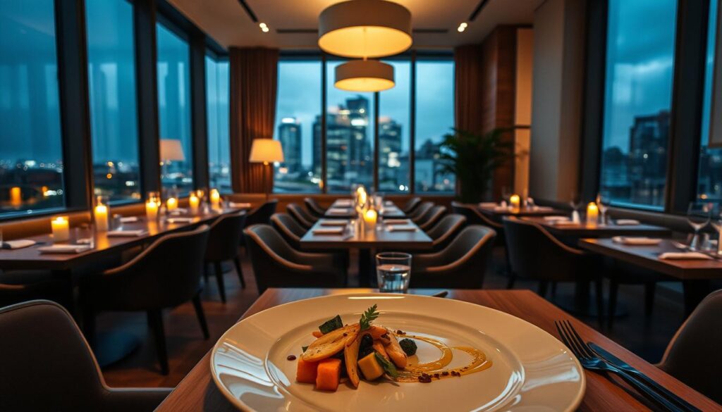 A cozy, intimate dining room in a modern Scandinavian-inspired setting. Soft lighting from candles and pendant lamps casts a warm glow over the sleek, minimalist furniture and decor. Large windows offer a glimpse of the bustling city skyline outside, creating a contrast between the serene, refined atmosphere within. In the foreground, a well-presented dish of Nordic-influenced cuisine - fresh seafood, root vegetables, and delicate sauces, arranged with artistic precision. The table is set with elegant, understated tableware, complementing the pared-back aesthetic. An atmosphere of quiet sophistication and culinary excellence pervades the scene.