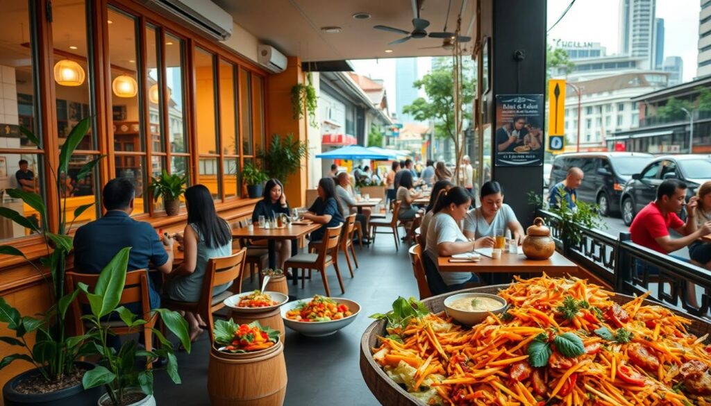 A cozy, intimate vegetarian restaurant nestled in the bustling heart of Singapore. The exterior features a warm, inviting facade with large windows that allow natural light to stream in, creating a bright and airy ambiance. Inside, the decor is minimalist yet elegant, with wooden furnishings, potted plants, and soft lighting that sets a relaxing tone. In the foreground, a display of vibrant, freshly prepared vegetarian dishes tempts the senses, while the middle ground showcases a mix of local and international diners enjoying their meals. The background features the bustling streets of Singapore, with the iconic skyline visible through the windows, adding a sense of place and urban energy to the scene.
