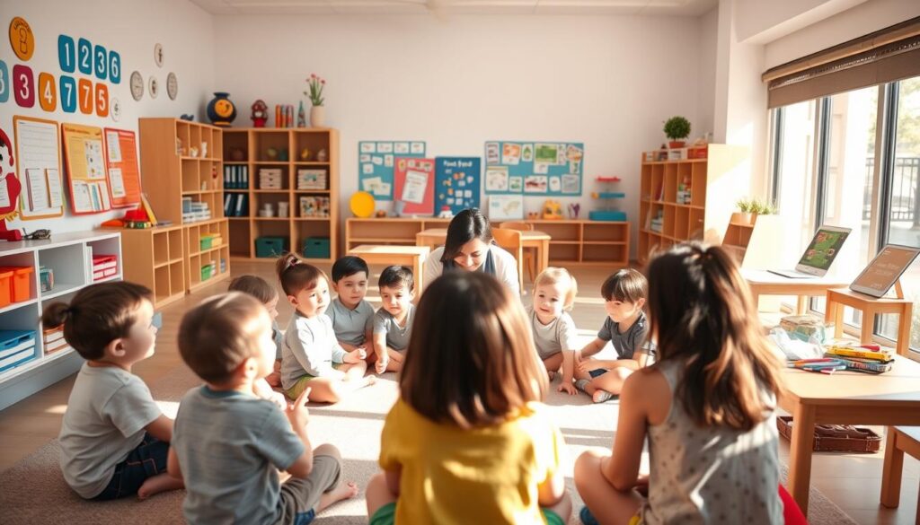 A cozy preschool classroom bathed in warm, natural light. In the foreground, children sit attentively around a teacher, engaged in a lively discussion, their faces lit with curiosity. Colorful educational materials adorn the walls, creating a stimulating and inviting environment. In the middle ground, a variety of hands-on learning stations encourage exploration and discovery. The background reveals a harmonious blend of modern furniture and educational displays, fostering a sense of structure and organization within the space. The overall atmosphere exudes a balance of structured learning and imaginative play, reflecting a curriculum-style teaching approach tailored for early childhood development.