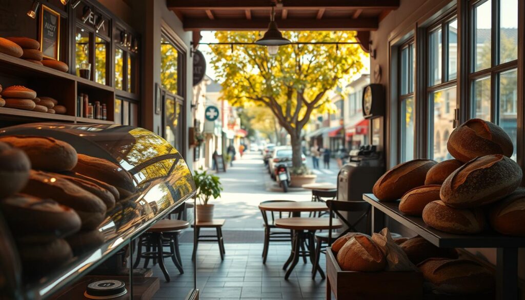 A cozy, rustic bakery nestled in the heart of a charming, tree-lined street. Soft, golden light filters through the large, inviting windows, casting a warm glow over the freshly baked breads and pastries on display. In the foreground, a glass display case showcases an array of artisanal sourdough loaves, their crisp crusts and airy interiors beckoning to passersby. The middle ground features a small, intimate seating area with wooden tables and chairs, where customers savor their freshly brewed coffee and baked treats. The background reveals a bustling, vibrant neighborhood, with quaint shops and homes lining the street, creating a sense of community and tradition. The overall atmosphere exudes a homey, comforting vibe, inviting visitors to linger and indulge in the simple pleasures of a heartland bakery.