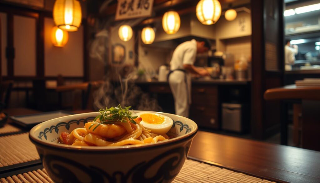 A cozy soba dining experience in Tokyo, with a focus on fresh handmade noodles. A dimly lit, traditional Japanese interior with tatami mats, paper lanterns, and wooden accents. In the foreground, a bowl of steaming hot soba noodles, garnished with tempura shrimp, scallions, and a soft-boiled egg. The middle ground features a server in a crisp white apron, meticulously preparing another order. In the background, a glimpse of the open kitchen, where chefs skillfully hand-pull the soba noodles. The scene is bathed in a warm, golden glow, creating an intimate and authentic atmosphere.