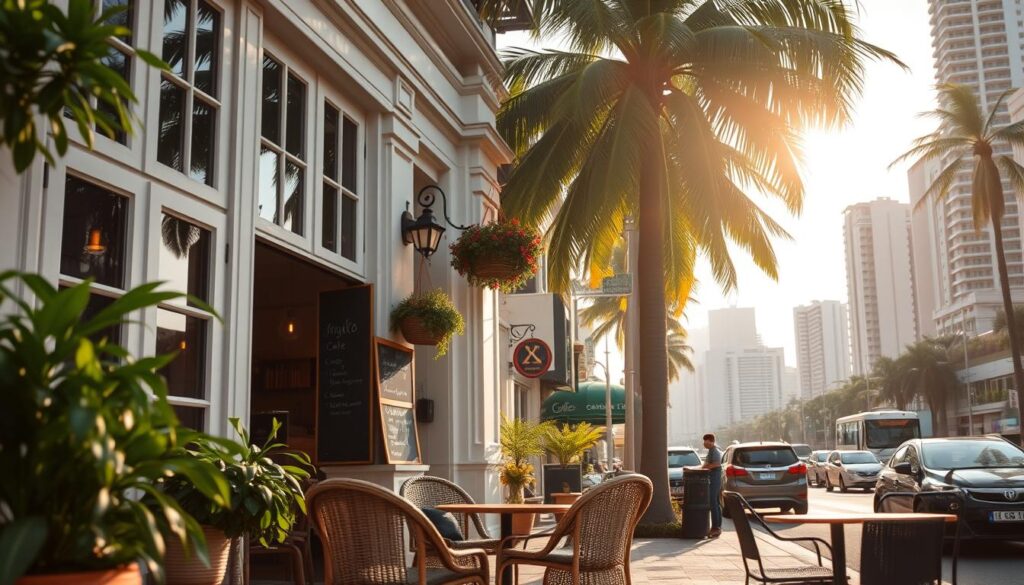 A cozy, sun-dappled cafe nestled along a bustling Singapore street. The foreground showcases an inviting outdoor seating area with wicker chairs and small wooden tables, surrounded by lush potted plants and hanging baskets. The middle ground reveals the cafe's charming facade, with its warm lighting, casement windows, and a blackboard menu displayed on the wall. In the background, a vibrant cityscape of high-rises and towering palm trees creates a serene, cosmopolitan atmosphere. The scene is bathed in a soft, golden glow, evoking a relaxed and leisurely mood perfect for an afternoon lunch.
