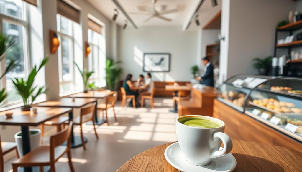 A cozy, sun-lit matcha cafe in Singapore, with a modern minimalist interior design. Sleek wooden tables and chairs, surrounded by potted plants and natural light streaming through large windows. In the foreground, a barista carefully prepares a matcha latte, the vibrant green hue contrasting beautifully with the white ceramic cup. The middle ground showcases patrons relaxing and chatting, immersed in the tranquil ambiance. In the background, a display of freshly baked matcha-infused pastries and desserts tempts the senses. Warm lighting, soft textures, and a clean, airy atmosphere create an inviting and sophisticated cafe experience.