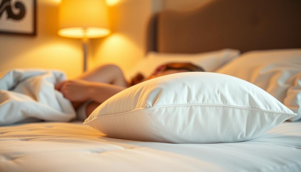 A cozy, well-lit bedroom setting with a comfortable bed featuring a soft, supportive pillow. The pillow is positioned in the center of the frame, showcasing its plush, hypoallergenic material and ergonomic design. The sleeping figure is partially visible, their head resting peacefully on the pillow, suggesting its ability to provide optimal neck and spinal alignment. The lighting is warm and inviting, creating a serene atmosphere. The camera angle is slightly elevated, capturing the overall sleeping position and the pillow's supporting role. The background is blurred, allowing the pillow to be the focal point.