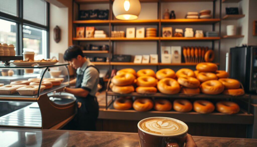 A cozy, well-lit café interior with a prominently displayed bakery counter showcasing an array of perfectly shaped, golden-brown bagels. The bagels are arranged in neat rows, their inviting aroma wafting through the air. In the foreground, a barista skillfully crafts a latte, the foam swirling in intricate patterns. Behind the counter, shelves display an assortment of baked goods and specialty ingredients, hinting at the fusion of New York-style bagels and Japanese-inspired flavors. Warm, diffused lighting bathes the scene, creating a welcoming and modern atmosphere. The overall impression is one of a meticulously curated, high-quality establishment that caters to discerning breakfast enthusiasts.