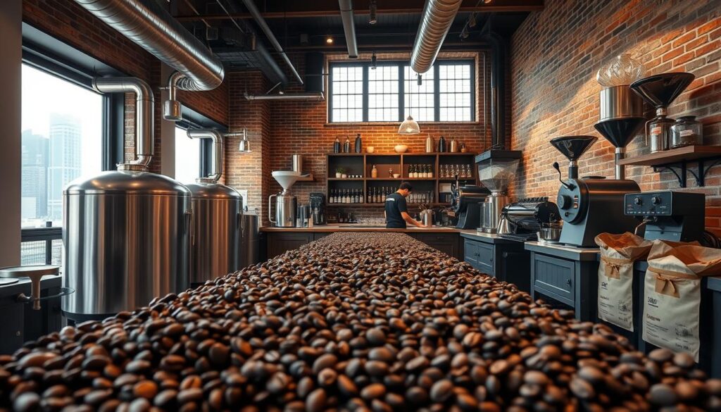 A cozy, well-lit coffee roastery in Singapore, with rows of freshly roasted beans in the foreground. Sleek, stainless steel roasters and grinders line the middle ground, while in the background, floor-to-ceiling windows offer a glimpse of the city skyline. The space has a warm, industrial vibe, with exposed brick walls, wood accents, and subtle lighting fixtures. Baristas move gracefully behind the counter, preparing pour-over brews and espresso drinks. The air is filled with the rich, enticing aroma of freshly roasted coffee. The overall scene conveys a sense of artisanal craftsmanship and a dedication to quality in Singapore's vibrant coffee culture.