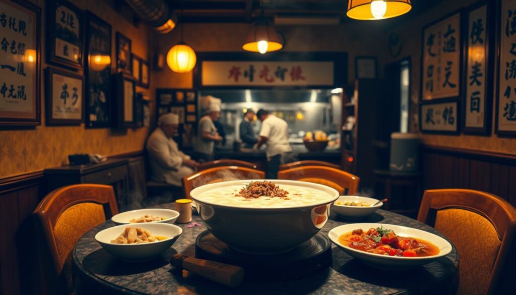 A cozy, well-lit interior of a traditional Teochew porridge restaurant, featuring a central table with a steaming bowl of porridge, accompanied by an array of savory toppings and condiments. The warm, golden lighting casts a comforting glow, while the walls are adorned with vintage memorabilia and framed calligraphy. In the background, a view of the bustling kitchen can be seen, with chefs diligently preparing the signature dishes. The overall atmosphere evokes a sense of comfort, authenticity, and the rich culinary heritage of the Teochew people.
