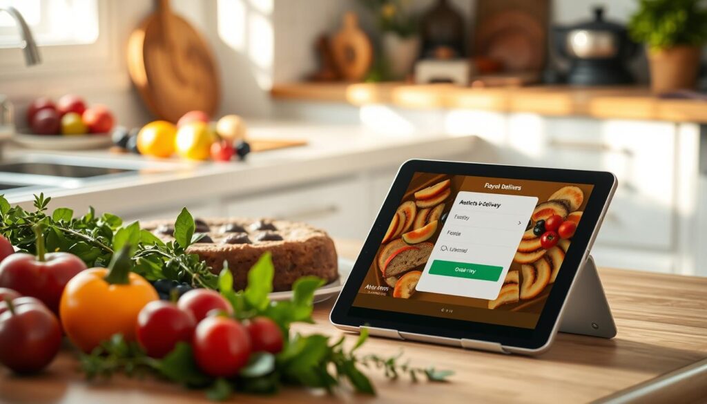 A cozy, well-lit kitchen countertop with a freshly baked fruit cake, surrounded by an array of fresh fruits, herbs, and a warm, inviting atmosphere. In the foreground, a modern tablet device displays an intuitive online ordering interface, showcasing a seamless delivery process. Soft, natural lighting casts a gentle glow, creating a sense of ease and convenience. The scene captures the effortless pleasure of enjoying a delectable fruit cake, with the delivery process as simple as the click of a button.