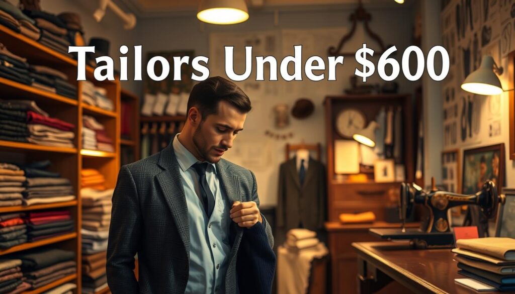 A cozy, well-lit tailor's shop, featuring a skilled tailor working diligently on a suit jacket in the foreground. The shop's interior is clean and organized, with fabrics and sewing materials neatly arranged on shelves in the middle ground. Soft, warm lighting casts a inviting glow, creating a sense of craftsmanship and attention to detail. In the background, a vintage sewing machine and a wall adorned with various clothing patterns and fabric swatches, suggesting the tailor's expertise and the range of services offered. The overall atmosphere conveys a sense of professionalism and quality that is accessible and affordable, aligning with the "Tailors Under $600" theme.