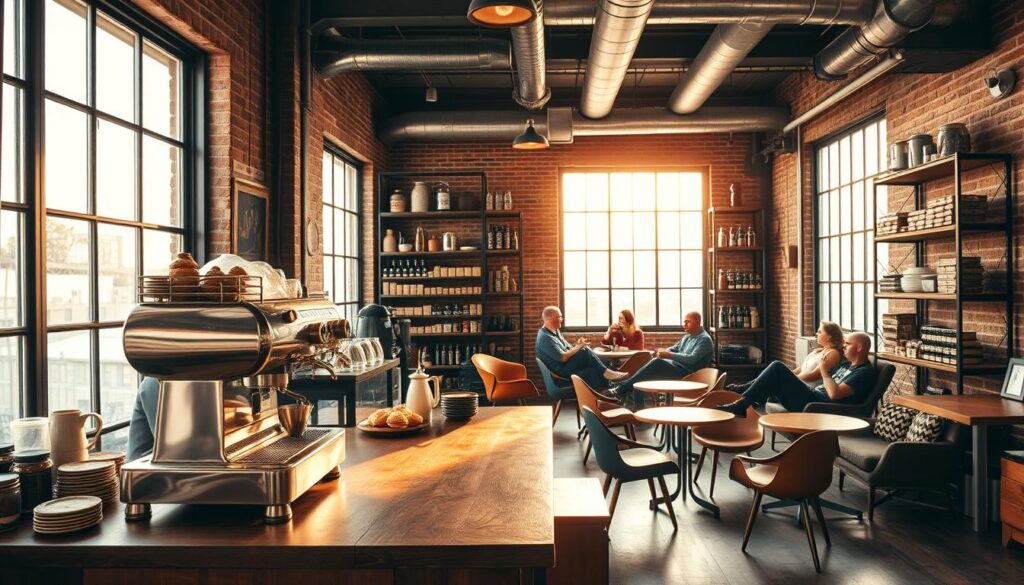 A cozy yet industrial coffee shop interior, bathed in warm, golden light filtering through large vintage windows. In the foreground, an ornate copper-accented espresso machine sits atop a sleek, worn wooden countertop, surrounded by an array of tempting pastries and artisanal coffee accessories. In the middle ground, a group of patrons relax in mismatched mid-century modern chairs, sipping their brews and chatting animatedly. The background features exposed brick walls, metal ductwork, and a towering industrial-style shelving unit stocked with coffee beans and brewing equipment, creating an inviting, retro-inspired atmosphere.